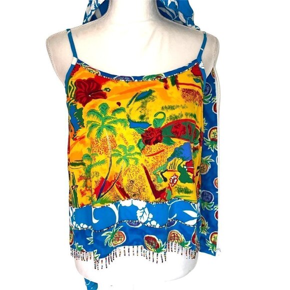 Surya Jacket Tank Top Set Medium M Womens Vintage Tropical Pattern Beaded Rayon - Picture 14 of 14